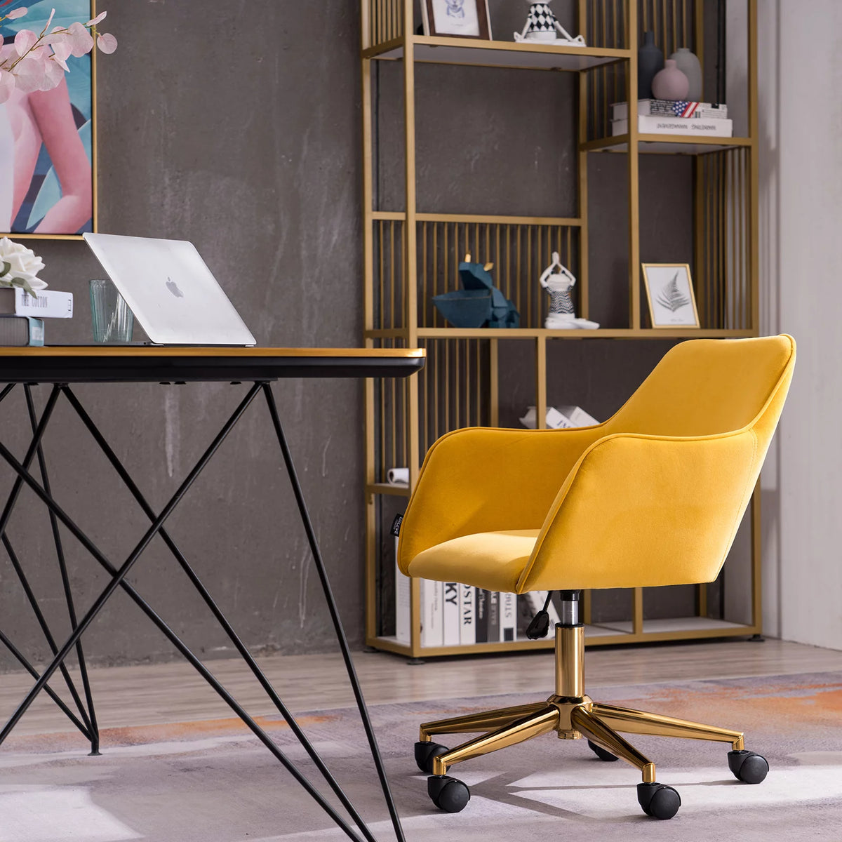 Yellow Velvet Adjustable Height Office Chair with Gold Metal Legs and Wheels G133