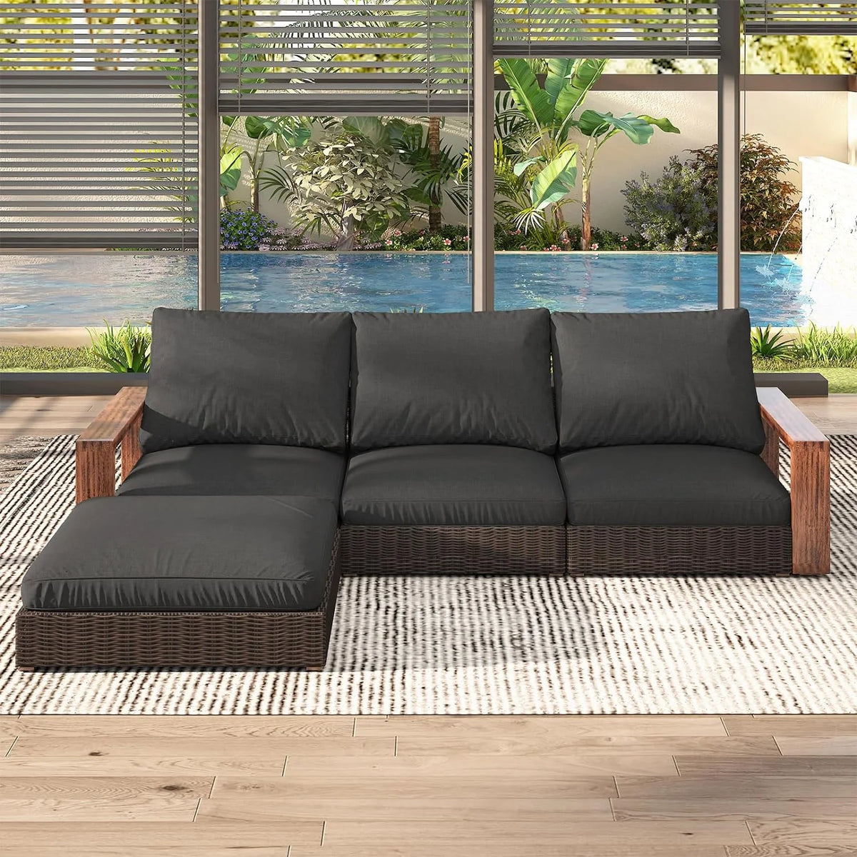 Khaki Rattan 4-Piece Deep Seating Patio Furniture Set with Wood Armrests X706975
