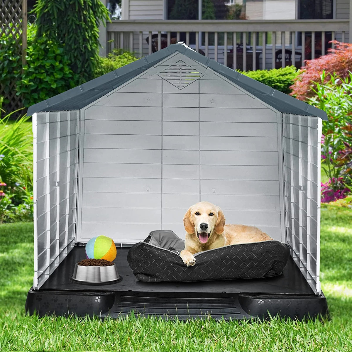 Large Plastic Dog House with Air Vents and Elevated Floor T90189