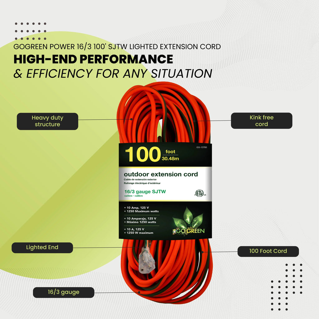 16/3 100 Ft SJTW Outdoor Extension Cord with Lighted End N672