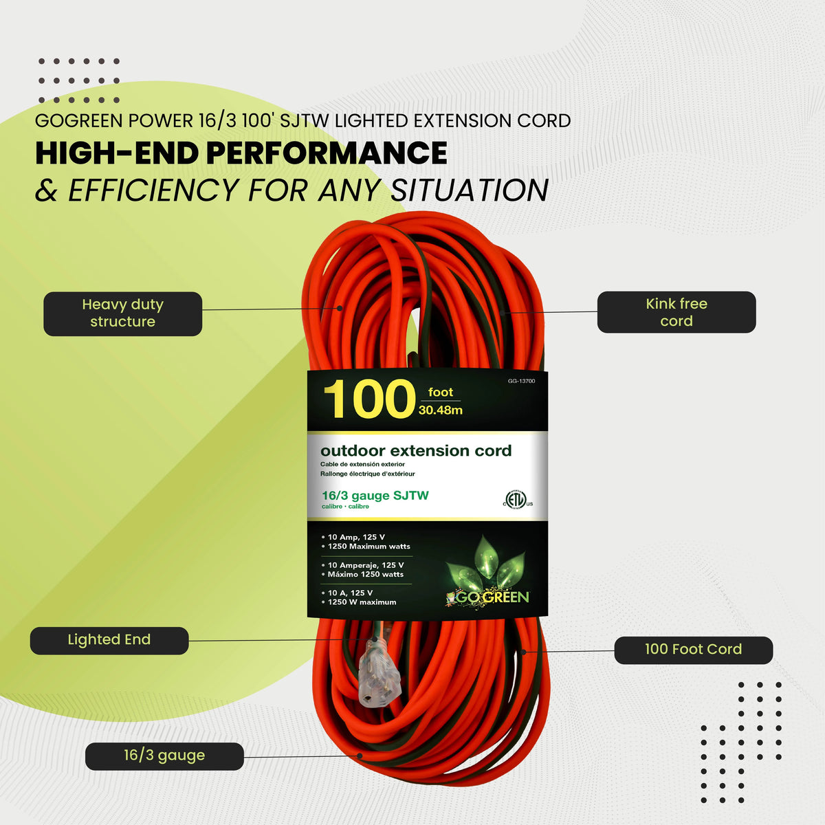 16/3 100 Ft SJTW Outdoor Extension Cord with Lighted End N672
