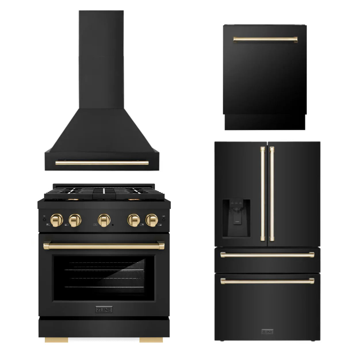 30 In. Gas Range, Range Hood, Refrigerator with Water and Ice Dispenser, and Dishwasher in Black Stainless Steel Y5936