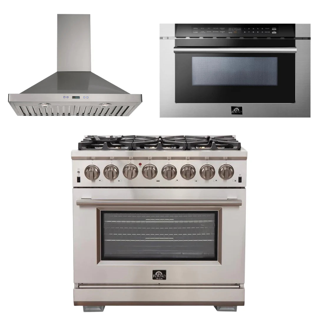 36 Inch Gas Burner Electric Oven Pro Range, Wall Mount Range Hood, Microwave Drawer M784030