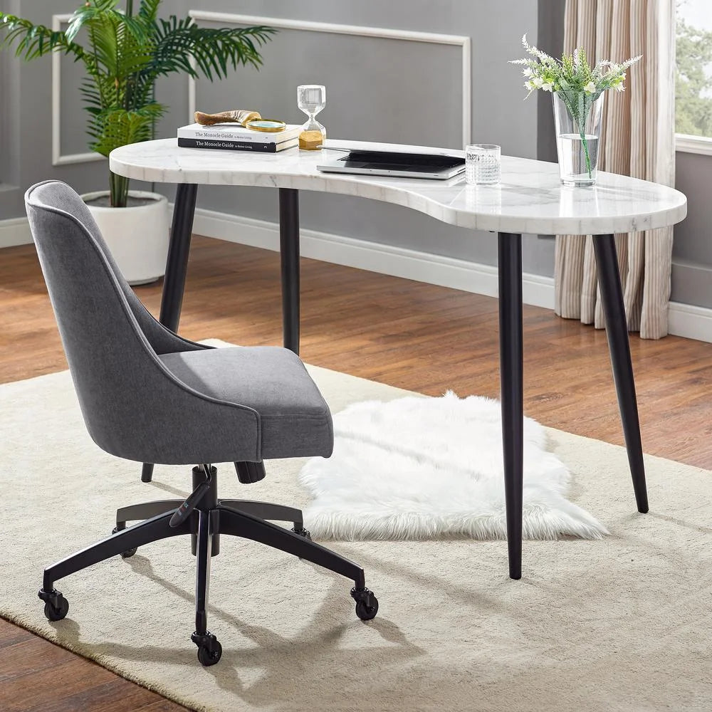 White Marble Desk and Gray Upholstered Chair Set A120037