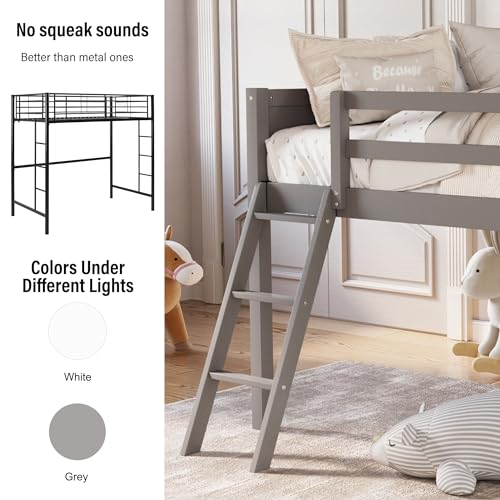 Wood Low Loft Bed with Ladder and Guardrail, Twin Size, Grey G785