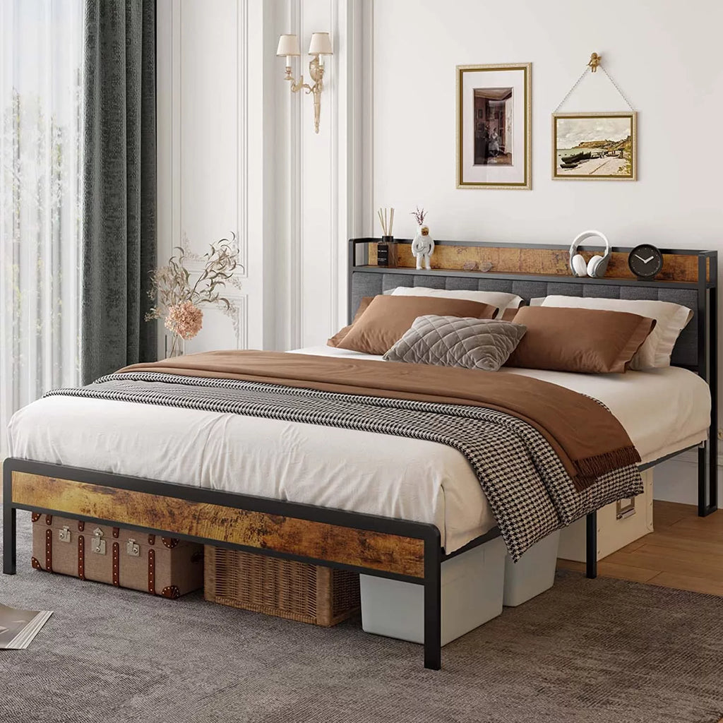 Queen Size Bed Frame with Storage Headboard Dark Grey K6500