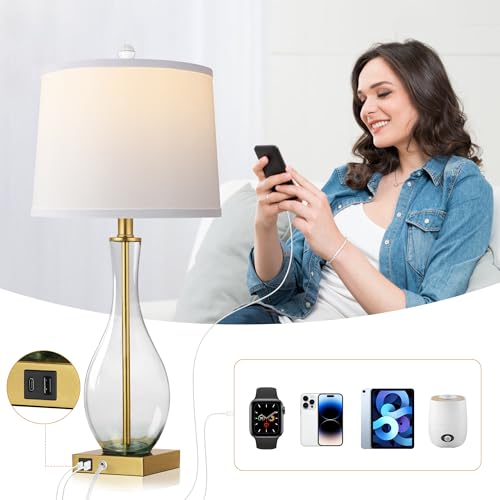 Touch Control 3-Way Dimmable Glass Table Lamps Set of 2 with USB C and A Charging Ports Y29070