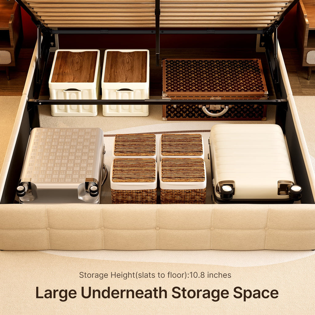 Beige Full Size Hydraulic Storage Bed Frame with Wingback Headboard L12627