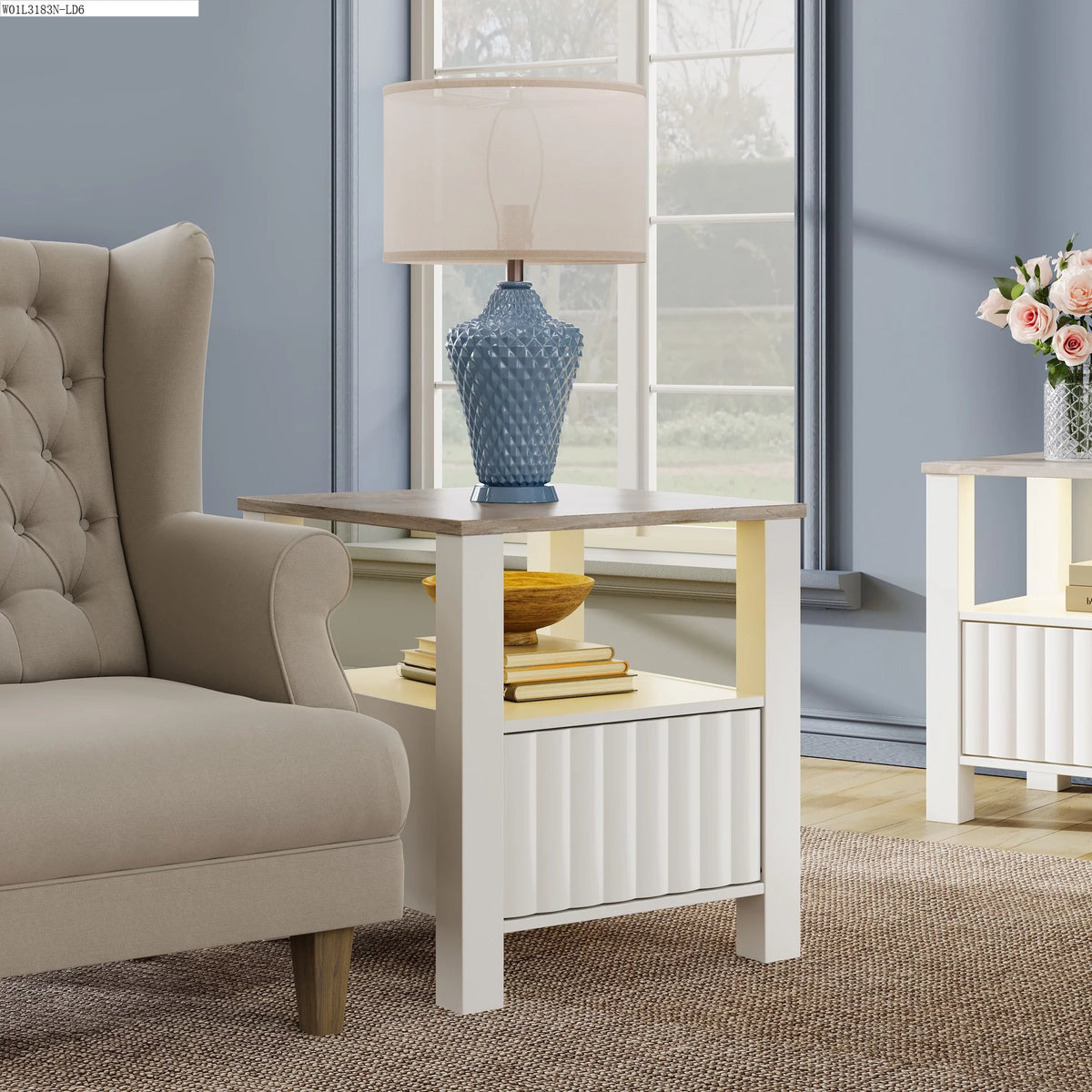 White LED End Table with Door and Open Storage P52236