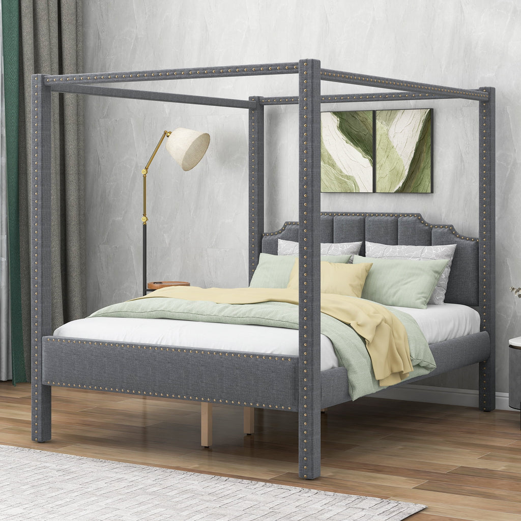 Queen Size Gray Upholstery Canopy Platform Bed with Headboard V512