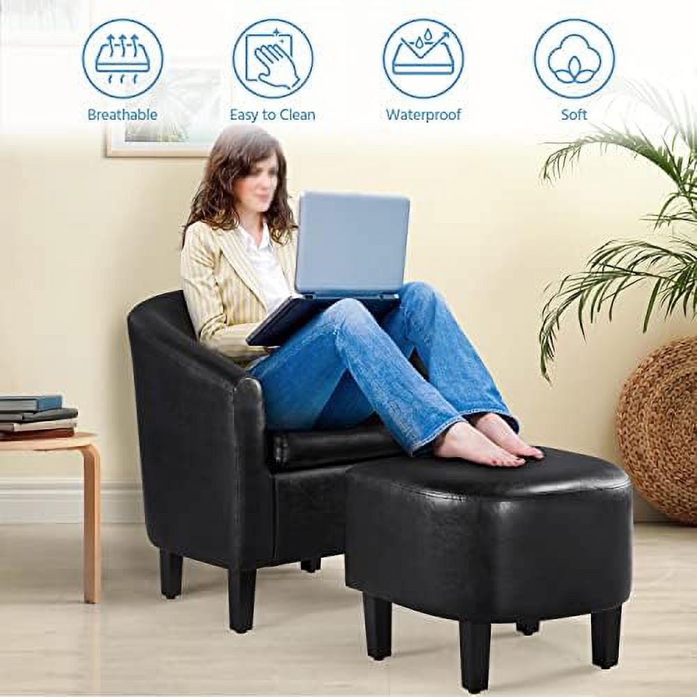 Bla PU Leather Barrel Accent Chair with Ottoman Set of 2 N1685
