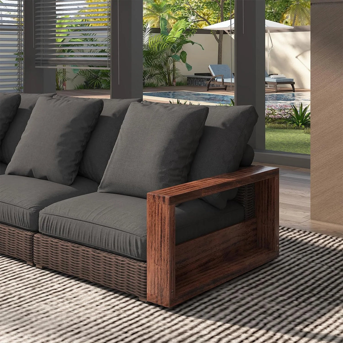 Khaki Rattan 4-Piece Deep Seating Patio Furniture Set with Wood Armrests X706975