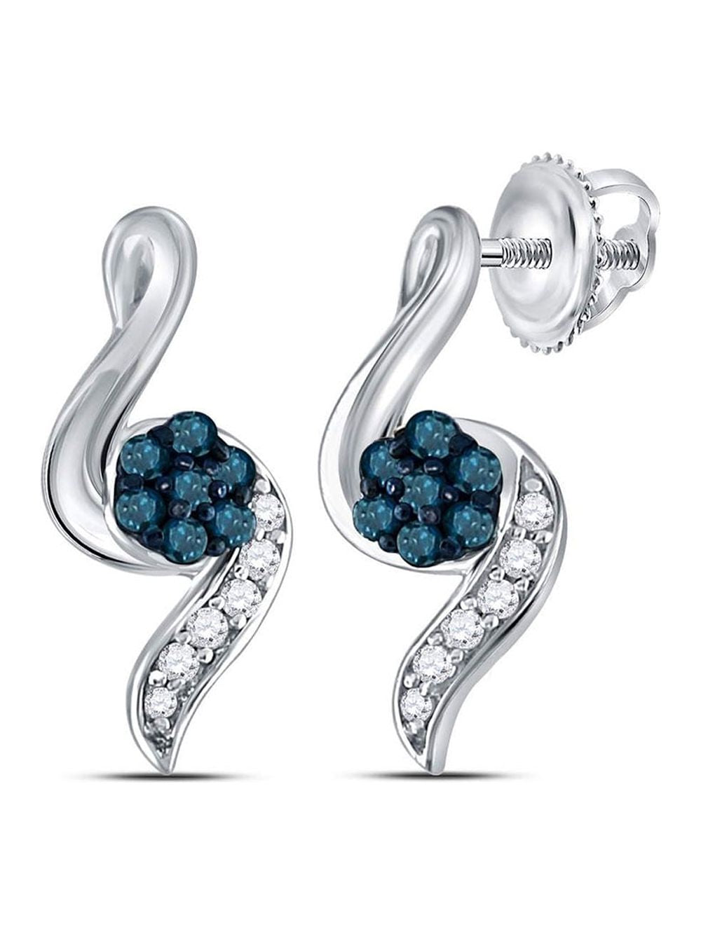Sterling Silver Round Blue Diamond Cluster Stud Earrings 1/5 Cttw Z3726