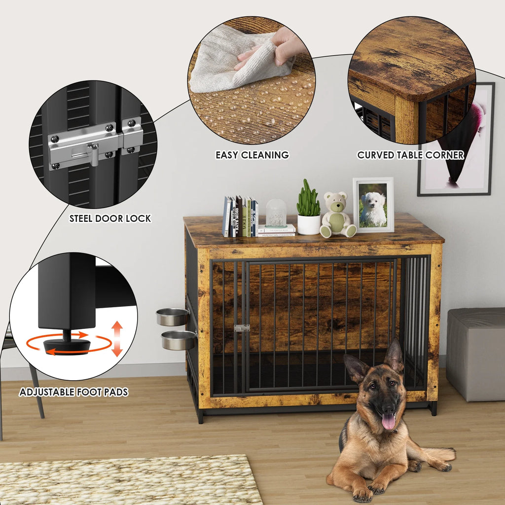 44.1'' Wooden Dog Crate with 2 Stainless Steel Bowls Q14095