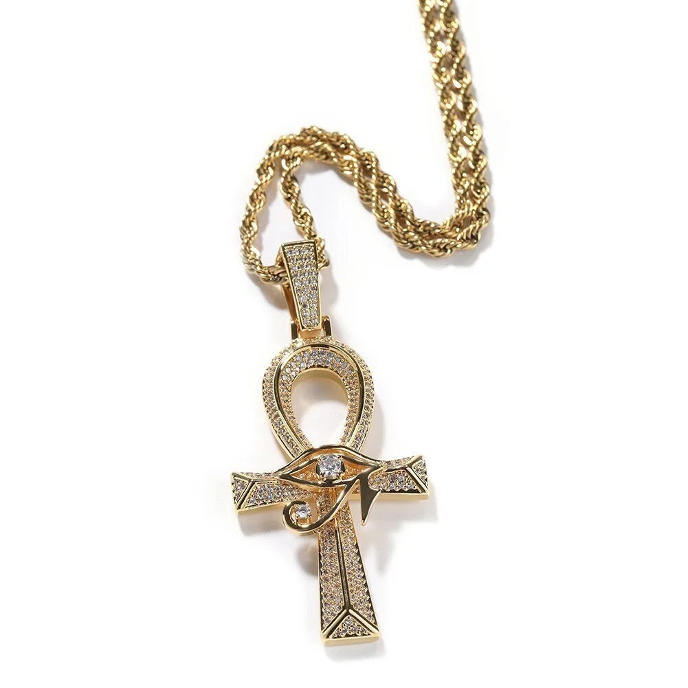 14K Gold Over Finish Simulated Diamond Eye Of Horus Ankh Cross Charm Pendant Necklace R12510