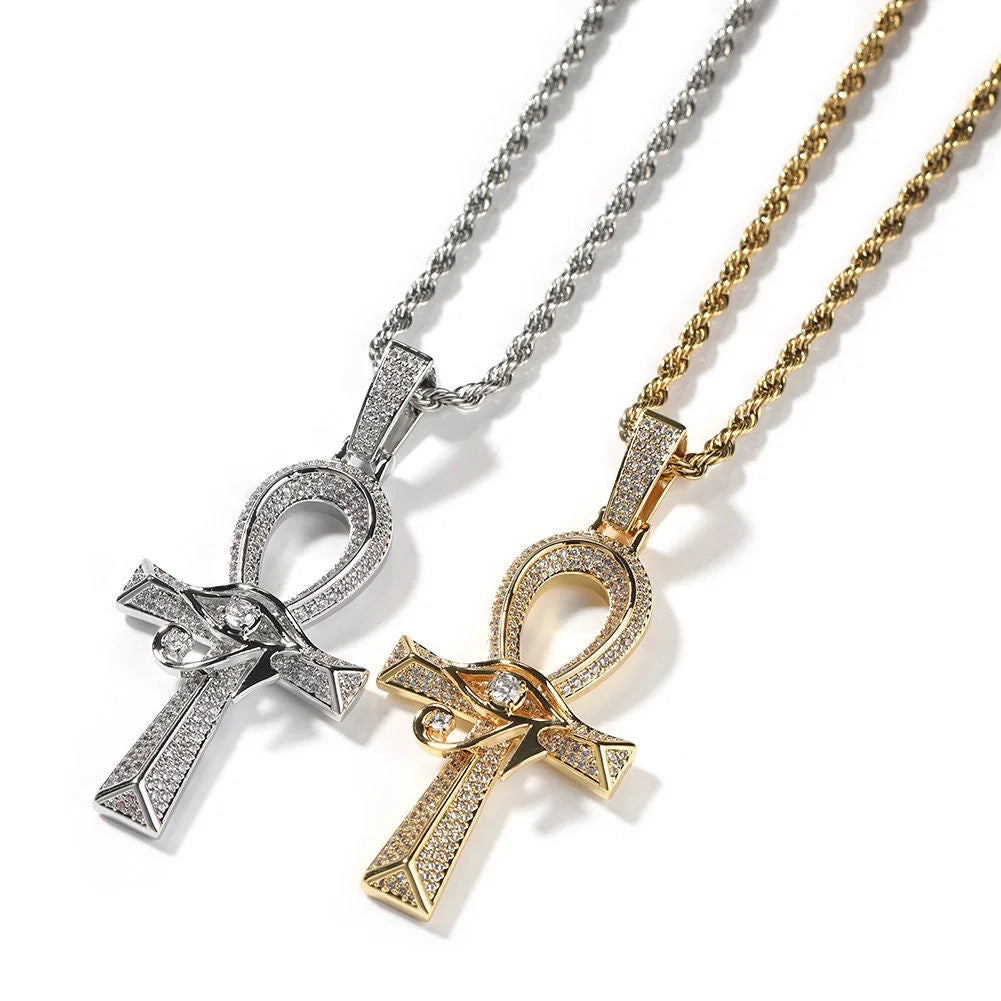 14K Gold Over Finish Simulated Diamond Eye Of Horus Ankh Cross Charm Pendant Necklace R12510