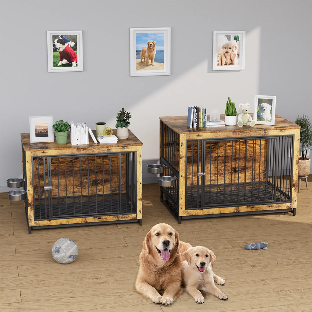 44.1'' Wooden Dog Crate with 2 Stainless Steel Bowls Q14095