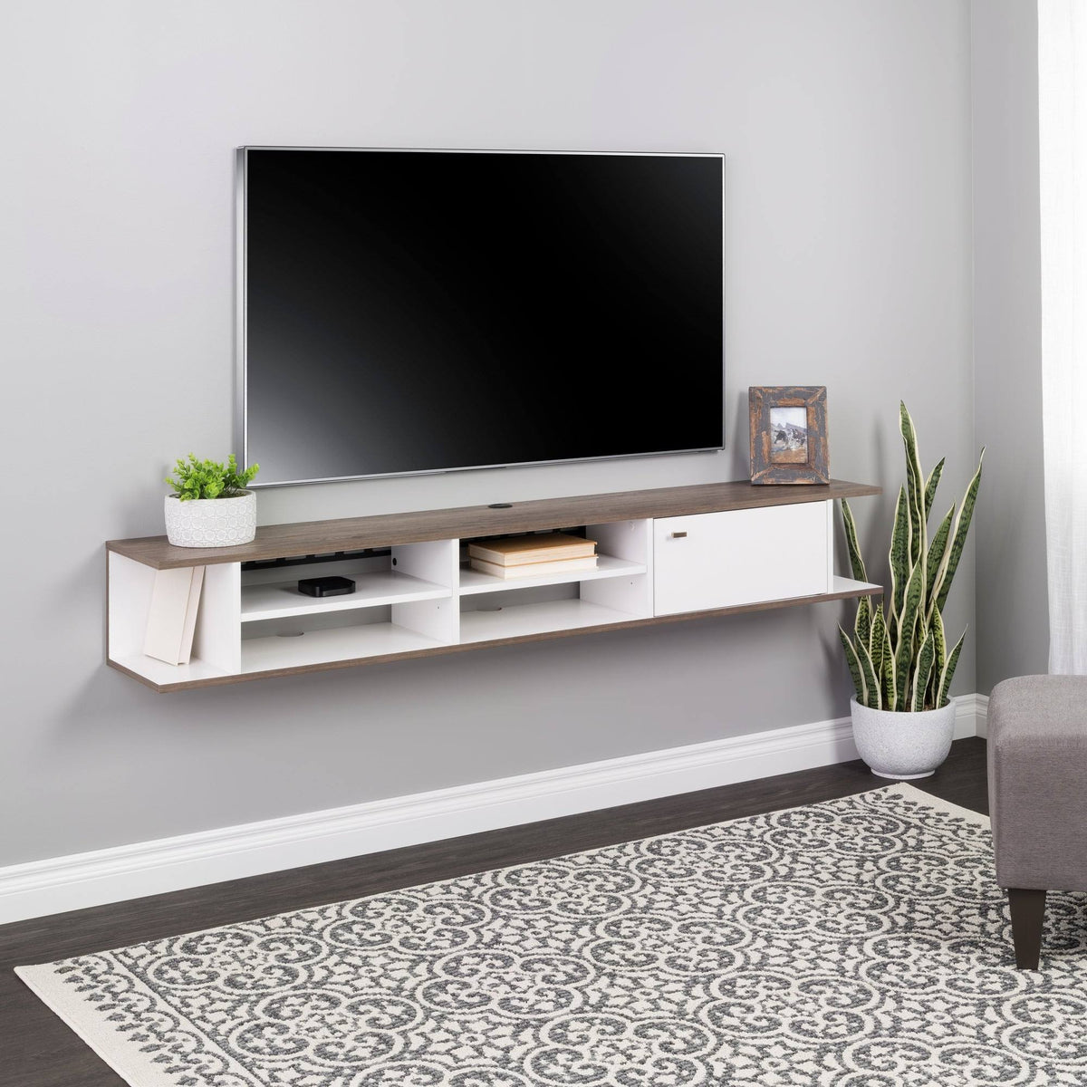 Wall Mounted White & Drifted Gray Media Console with Door X18473