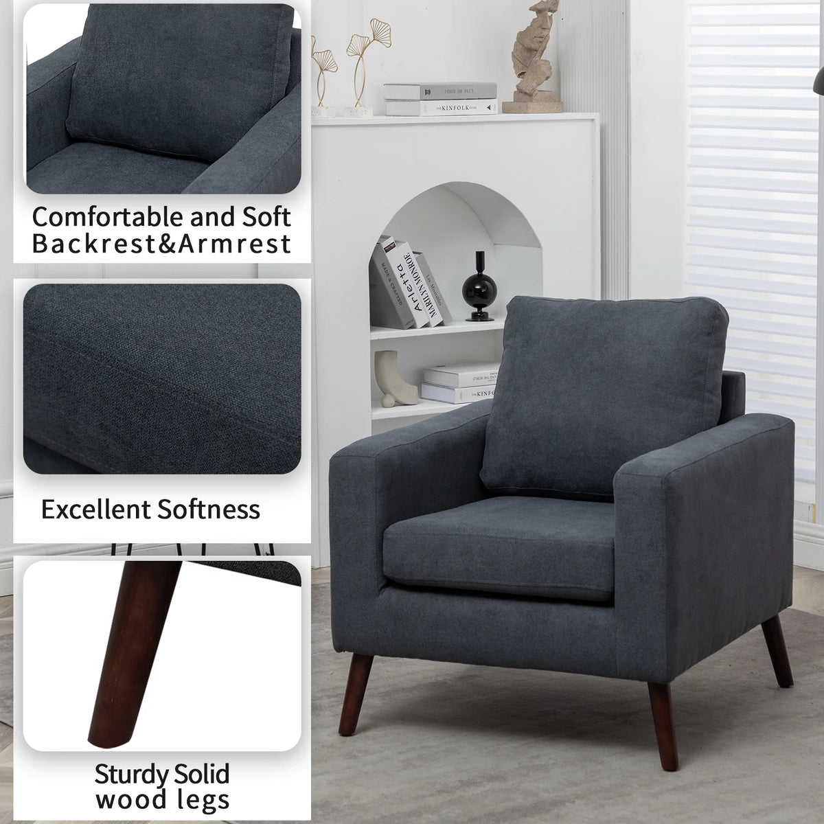 Dark Grey Upholstered Flannel Armchair with Solid Wood Legs Q44164