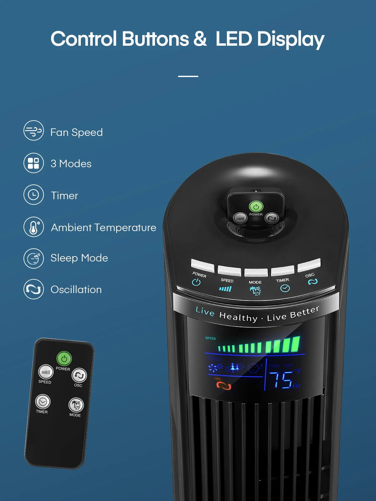 Black Oscillating Tower Fan with Remote Control B958