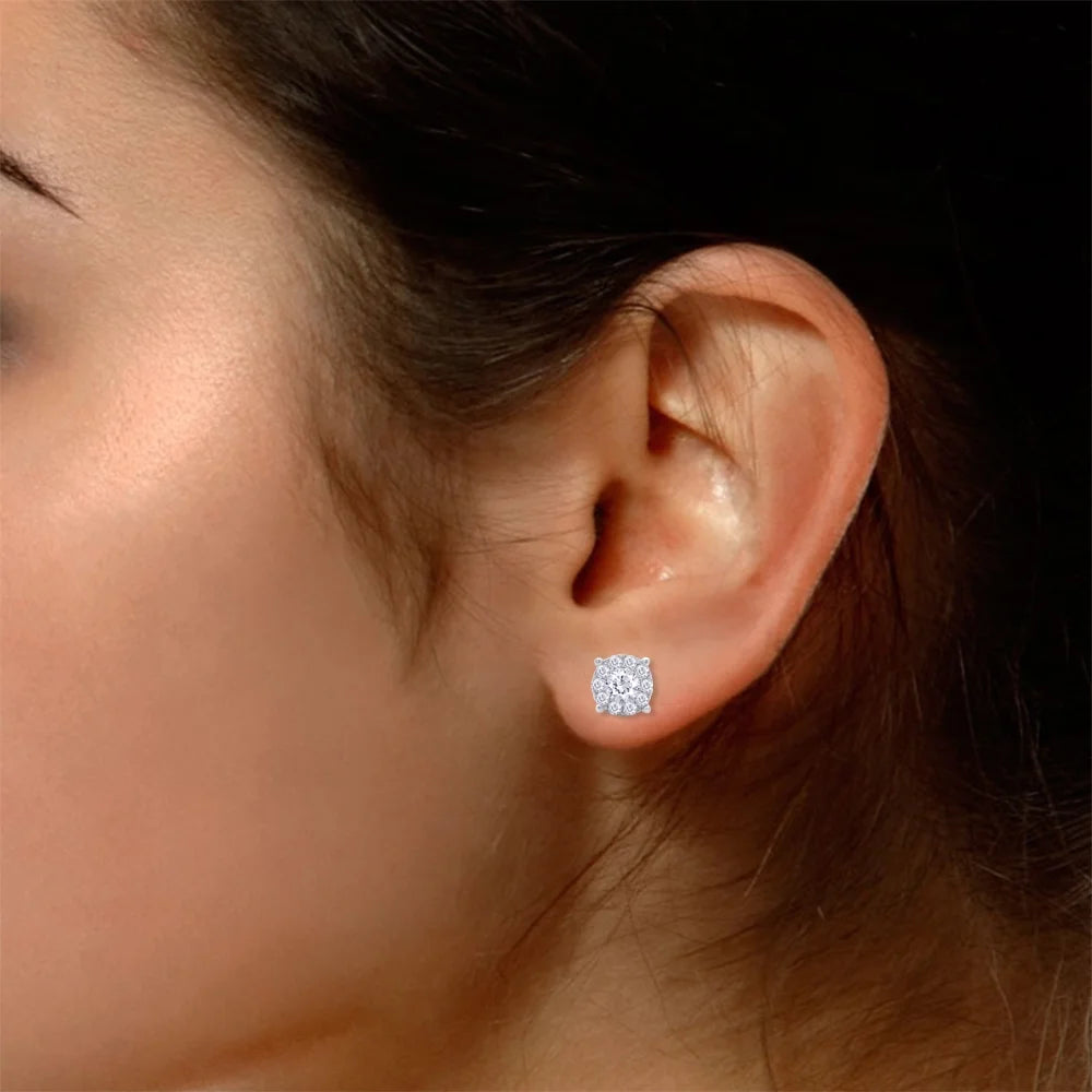 1 Carat Round Cut Lab Created Moissanite Halo Stud Earrings 14K White Gold Plated 925 Sterling Silver N139