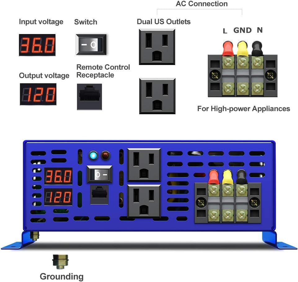 3000W Pure Sine Wave Power Inverter 36V DC to AC 120V 110V with 15ft Cable Remote Switch Controller W876885