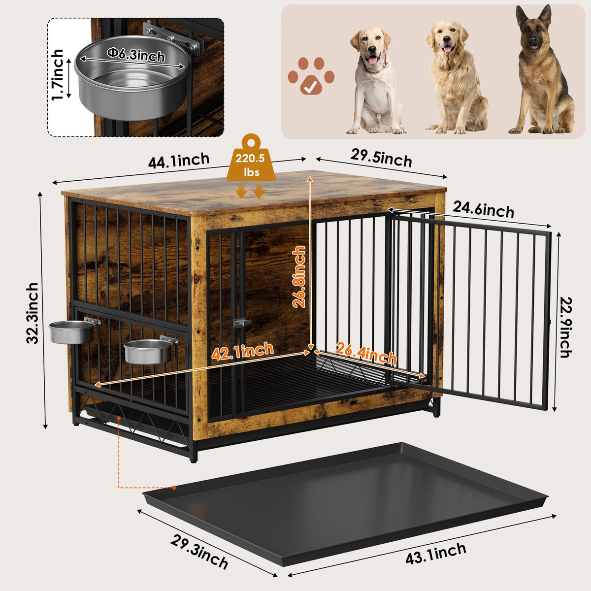 44.1'' Wooden Dog Crate with 2 Stainless Steel Bowls Q14095