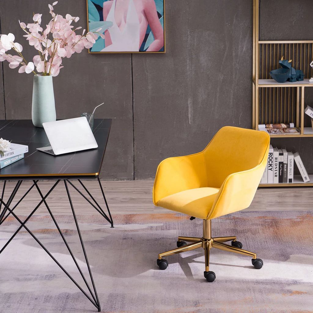 Yellow Velvet Adjustable Height Office Chair with Gold Metal Legs and Wheels G133
