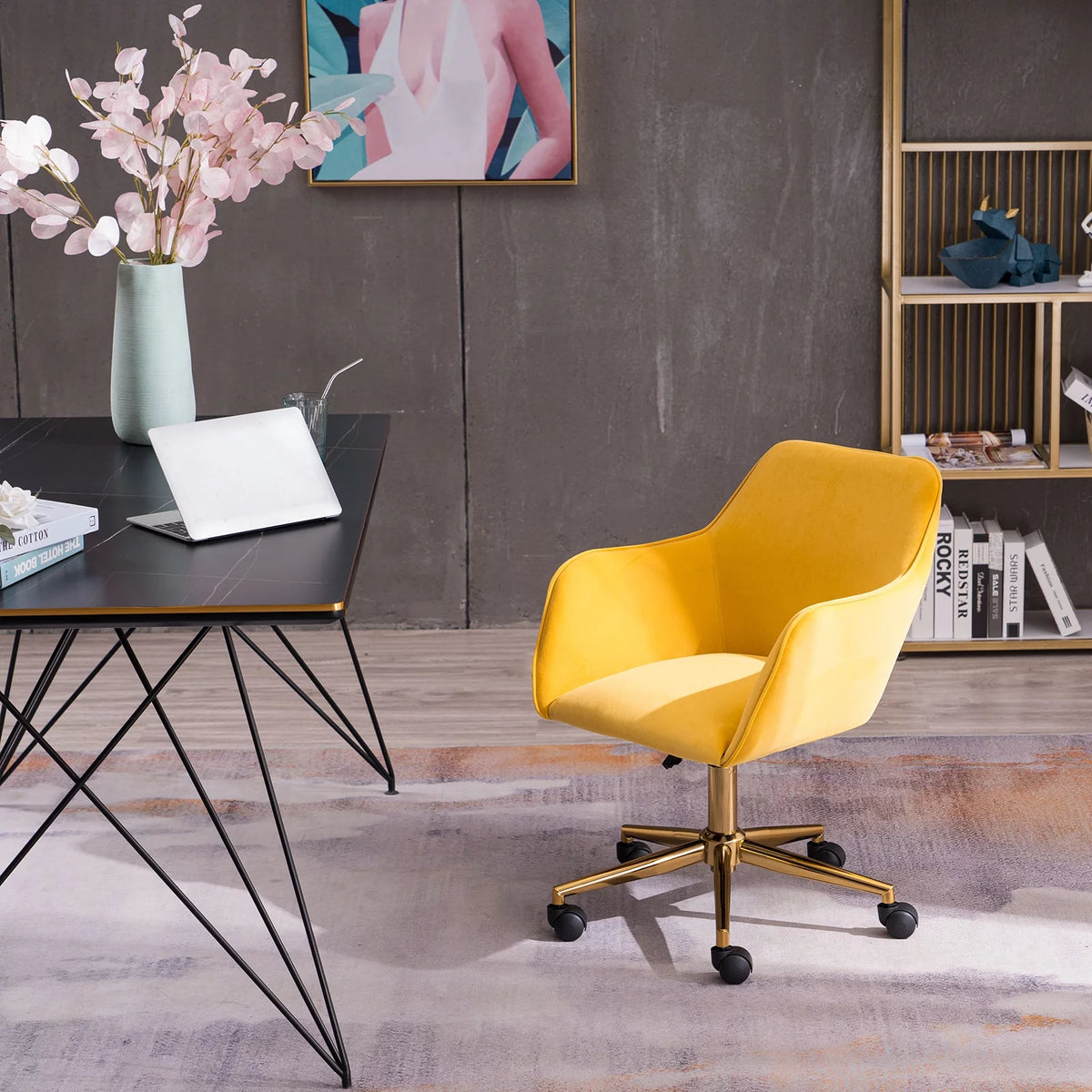Yellow Velvet Adjustable Height Office Chair with Gold Metal Legs and Wheels G133