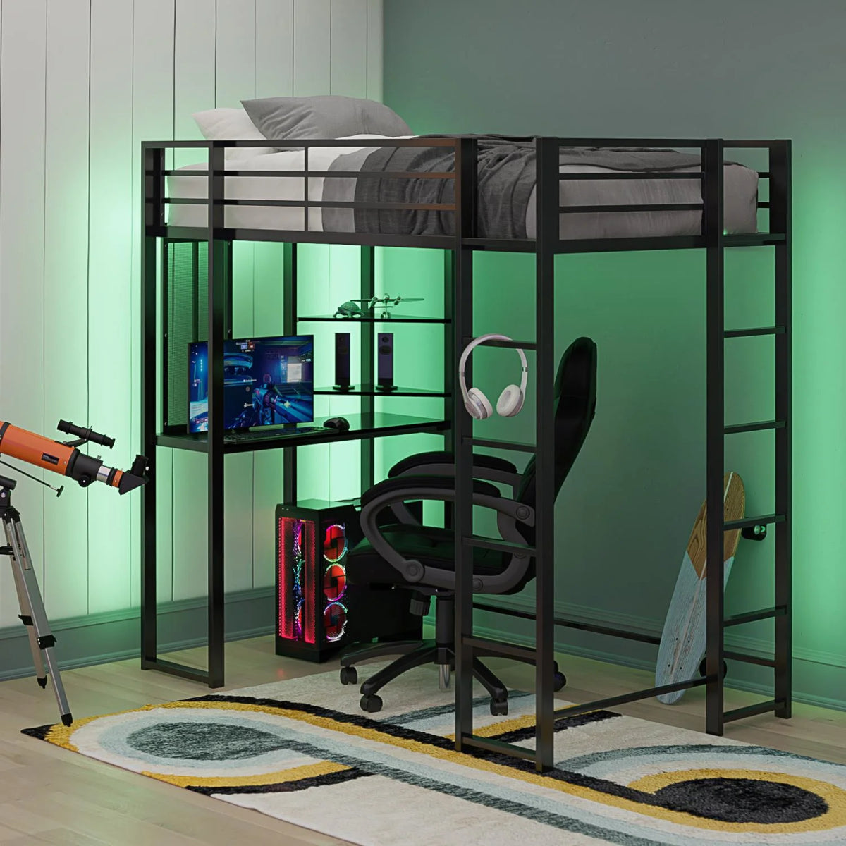 Twin Size Black Metal Loft Bed Y71972