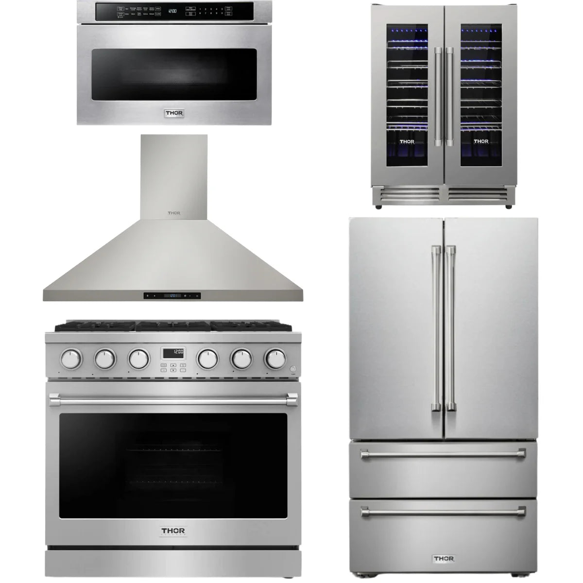 36 Gas Range, Range Hood, Refrigerator, Microwave and Wine Cooler I2518