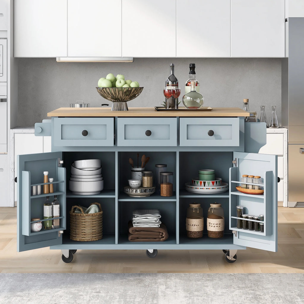 Blue Kitchen Island Cart with Drop-Leaf Countertop and 3 Drawers B267