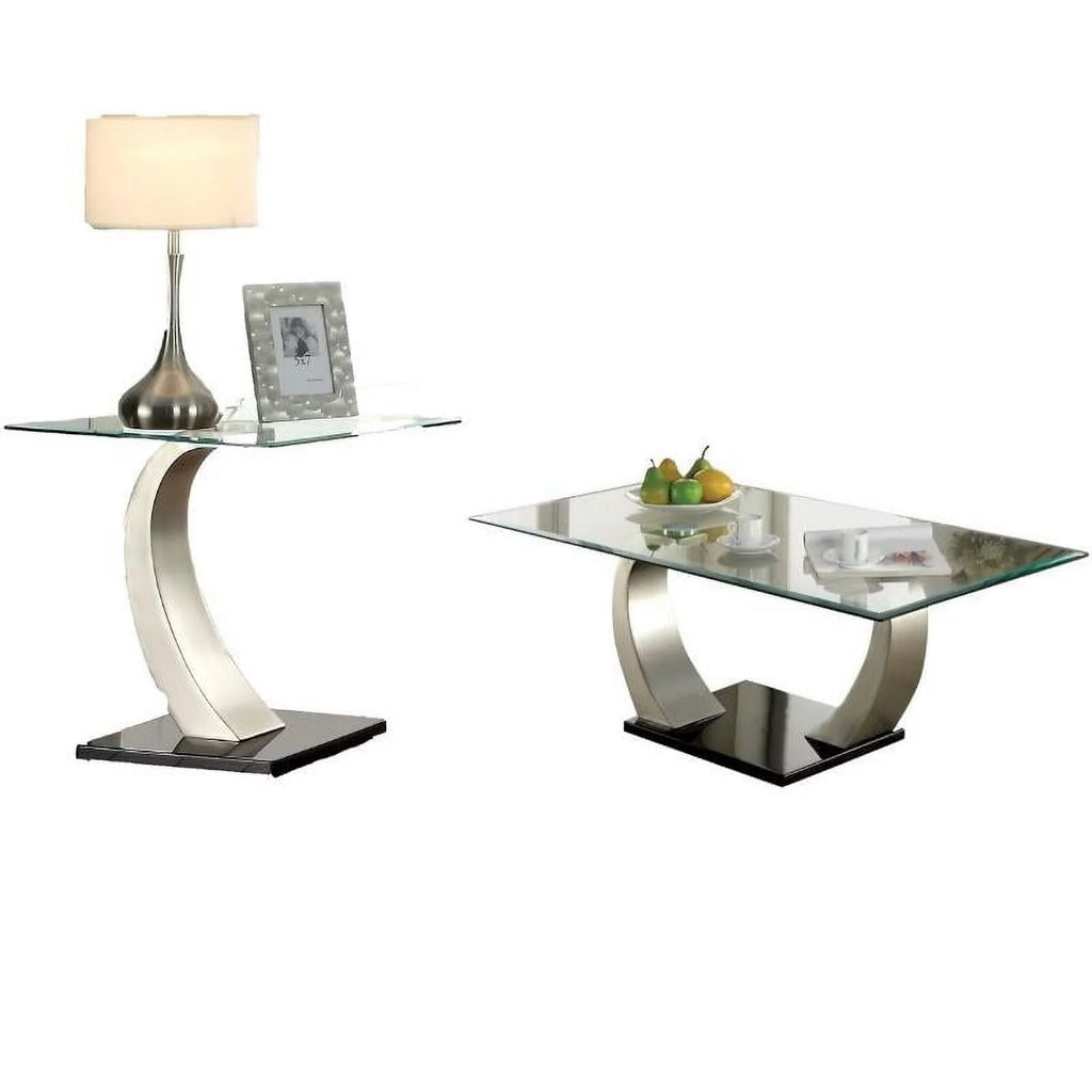 Black Glass Stainless Steel End Table and Coffee Table Set H681