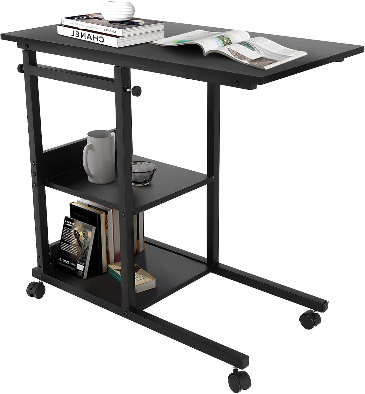 Black C-Shaped Mobile Wooden Side Table with Storage Z1184
