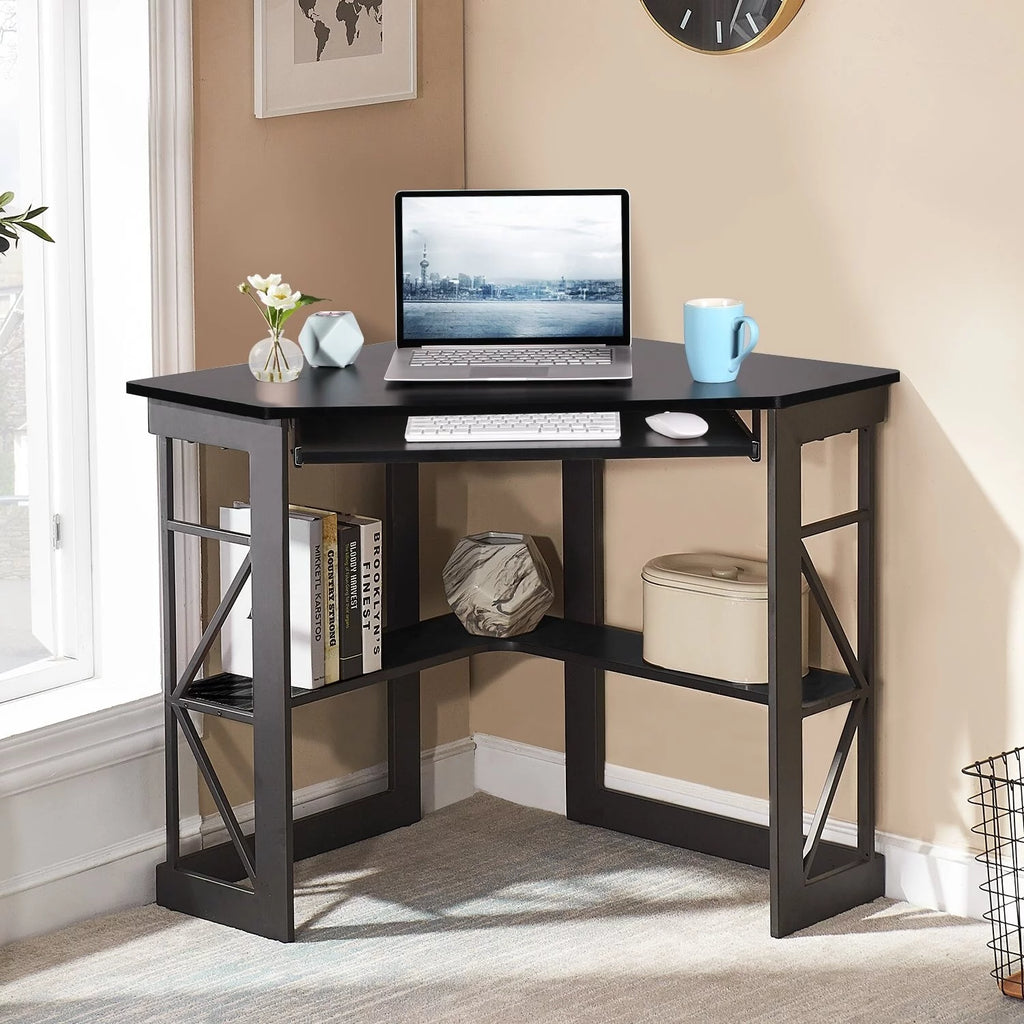 Black Corner Computer Desk with Keyboard Tray D362