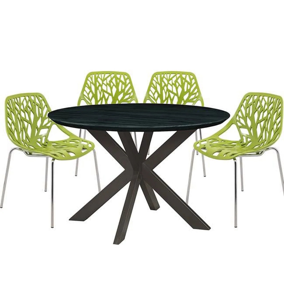 Green 5 Piece Metal Dining Set with 4 Stackable Plastic Chair & Round Wood Table K139