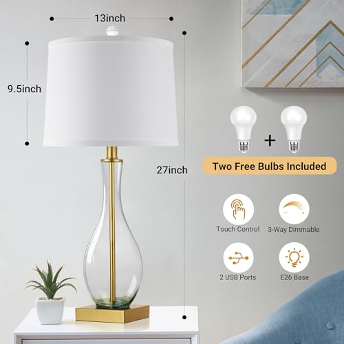 Touch Control 3-Way Dimmable Glass Table Lamps Set of 2 with USB C and A Charging Ports Y29070