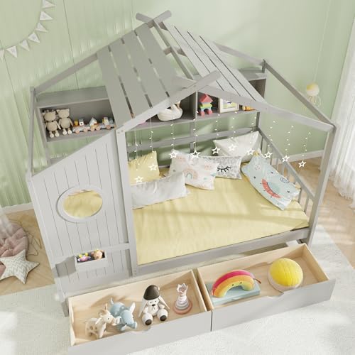 Twin Size Grey Wood House Bed with 2 Drawers M9742