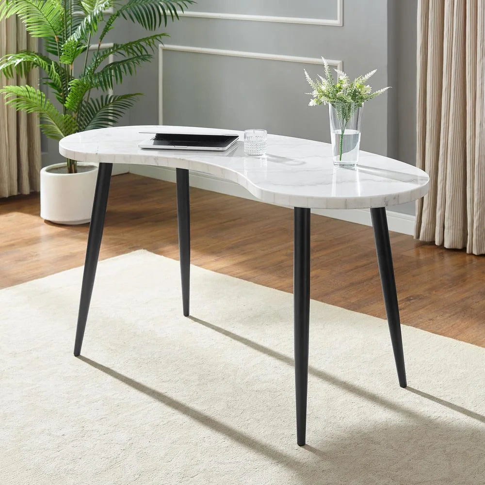 White Marble Desk and Gray Upholstered Chair Set A120037