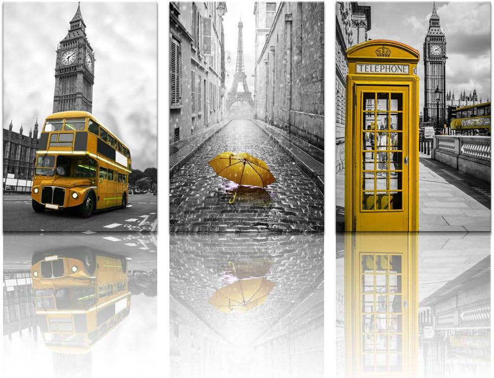 3 Panel City Wall Art Paris Eiffel Tower London Big Ben Canvas Black and Yellow Artwork C342