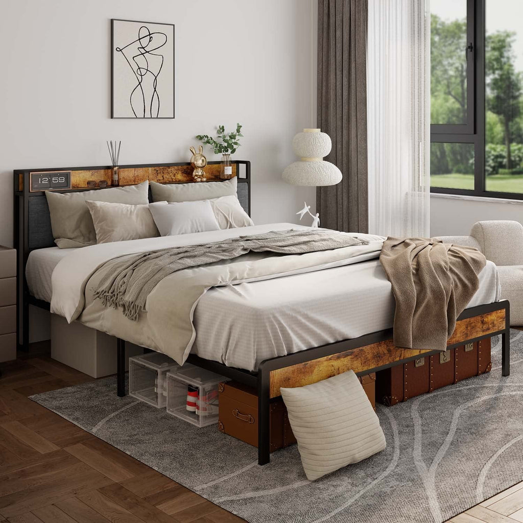 Queen Size Bed Frame with Storage Headboard Dark Grey K6500