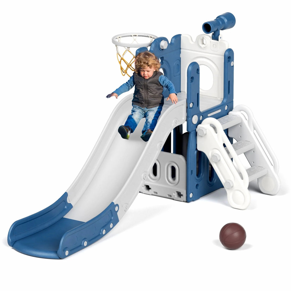 Blue Toddler Slide and Climber Set with Basketball Hoop T5456